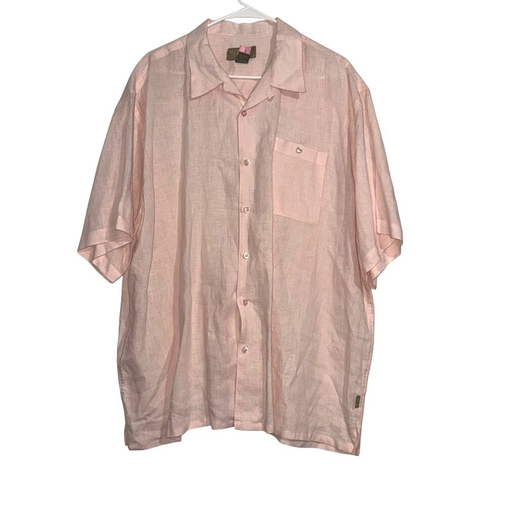 Cabana Mens 2XL Pink Linen Button-Up Shirt Short Sleeve With Pocket Casual Light